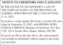 NOTICE TO CREDITORS AND CLAIMANTS IN THE ESTATE OF ADA BENEDICT