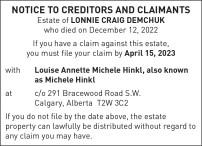 NOTICE TO CREDITORS AND CLAIMANTS about the Estate of LONNIE CRAIG DEMCHUK