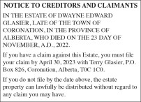 NOTICE TO CREDITORS AND CLAIMANTS IN THE ESTATE OF DWAYNE EDWARD GLASIER